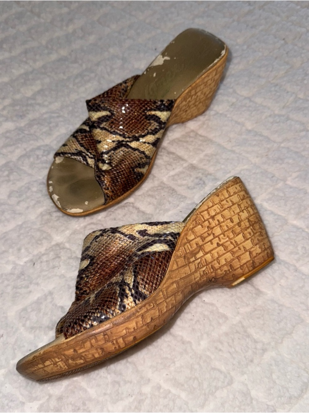 Y2K Snake-Print Wedge Slide Sandals - Brown